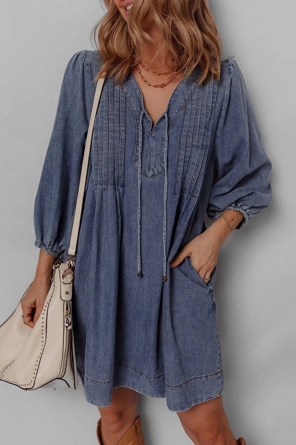 Tie Neck Long Sleeve Mini Denim Dress