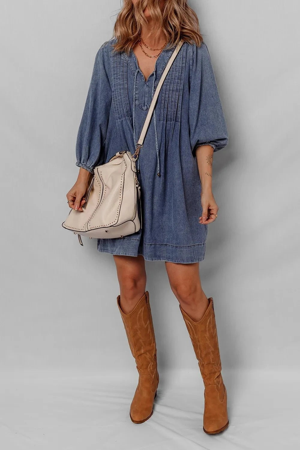 Tie Neck Long Sleeve Mini Denim Dress