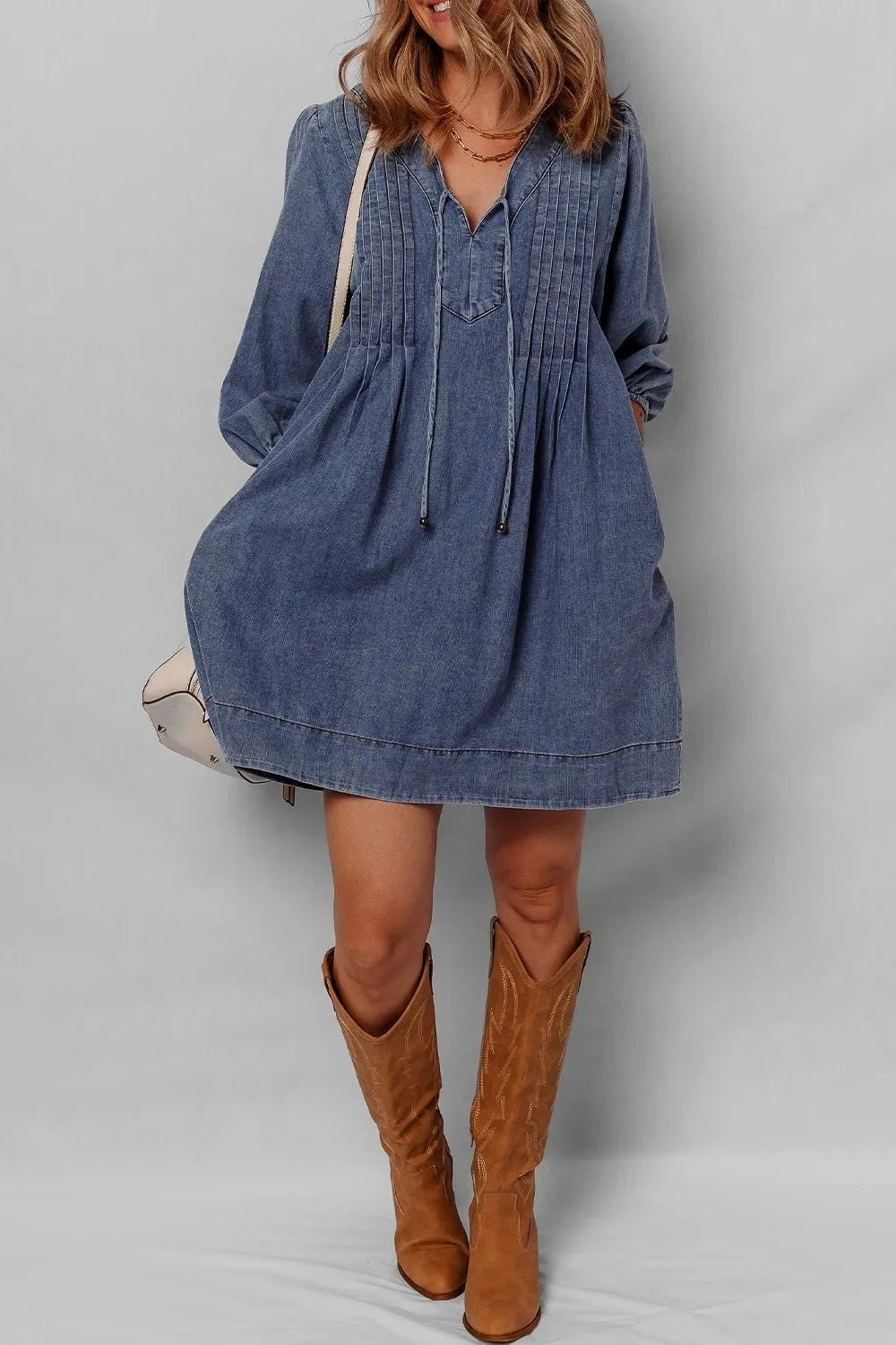 Tie Neck Long Sleeve Mini Denim Dress