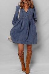 Tie Neck Long Sleeve Mini Denim Dress