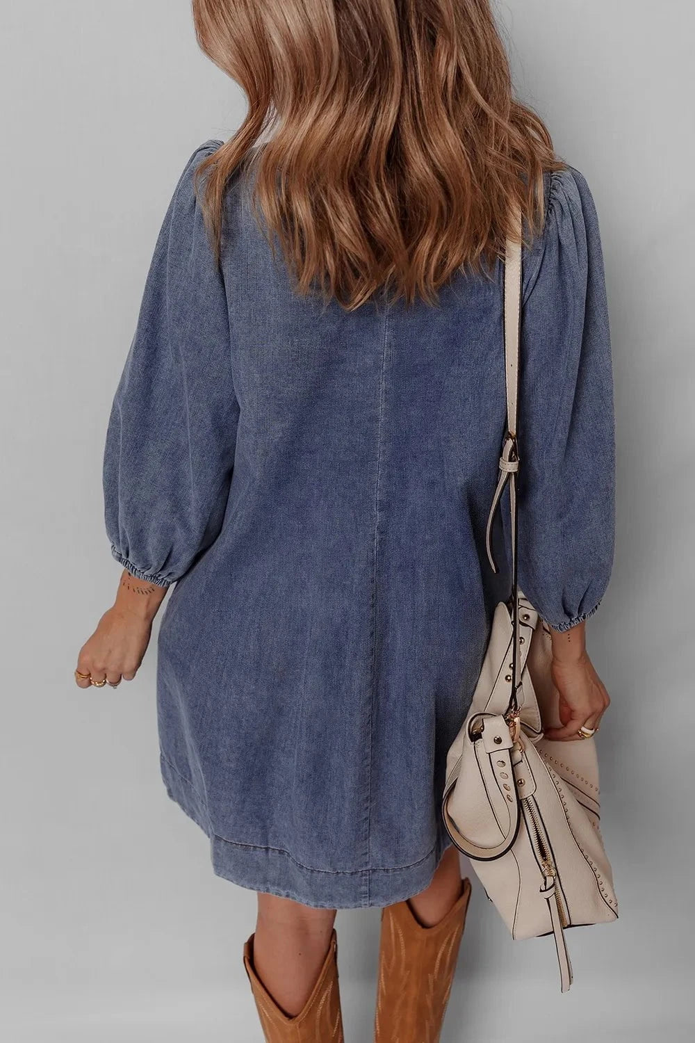 Tie Neck Long Sleeve Mini Denim Dress