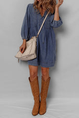 Tie Neck Long Sleeve Mini Denim Dress