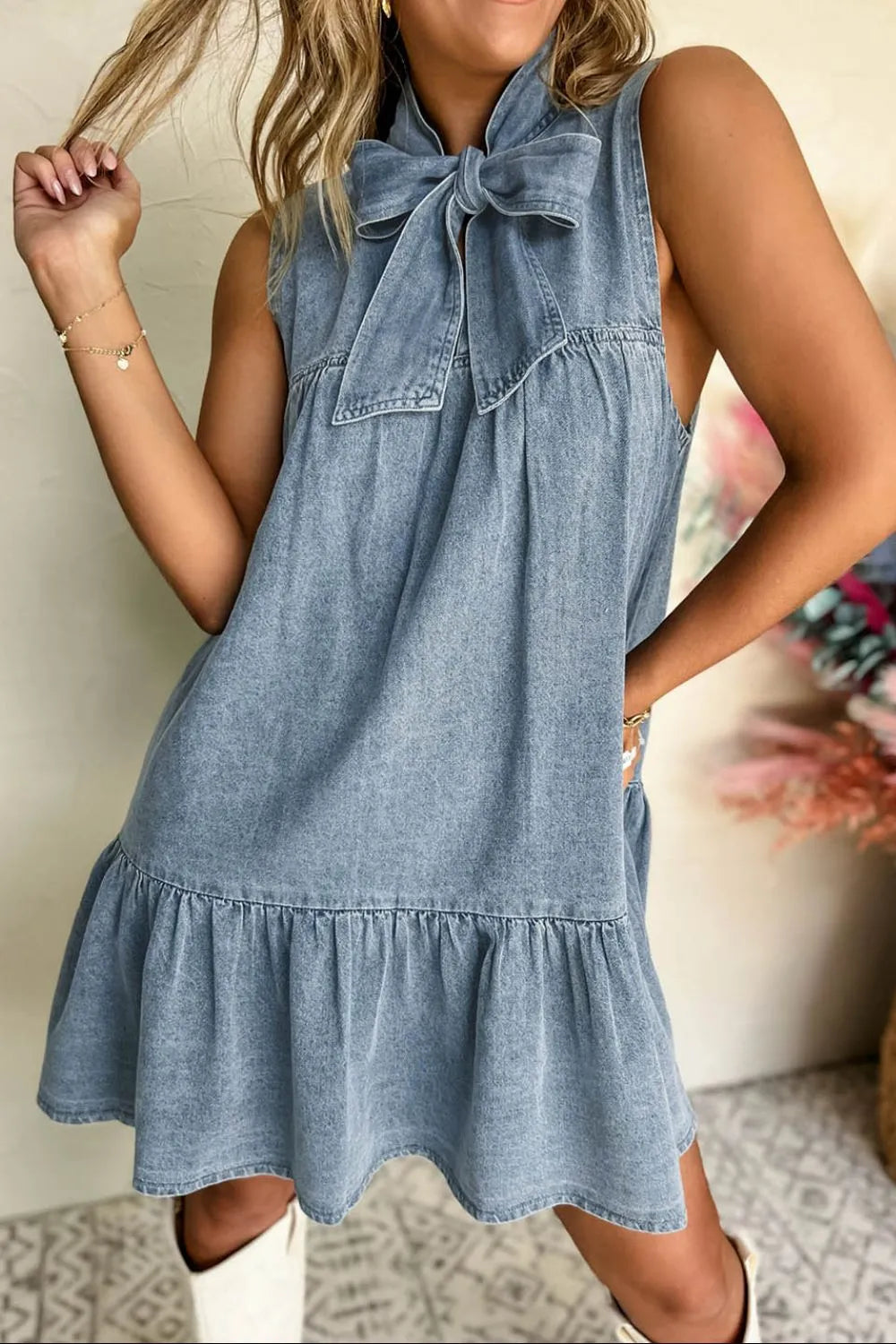Tie Neck Sleeveless Denim Dress Dusty Blue / S