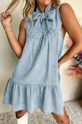 Tie Neck Sleeveless Denim Dress Light Blue / S