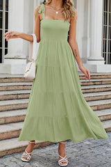 Tie-Shoulder Smocked Tiered Dress Light Green / S