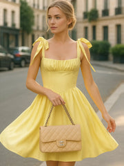 Tie-Shoulder Square Neck Mini Dress Yellow / S