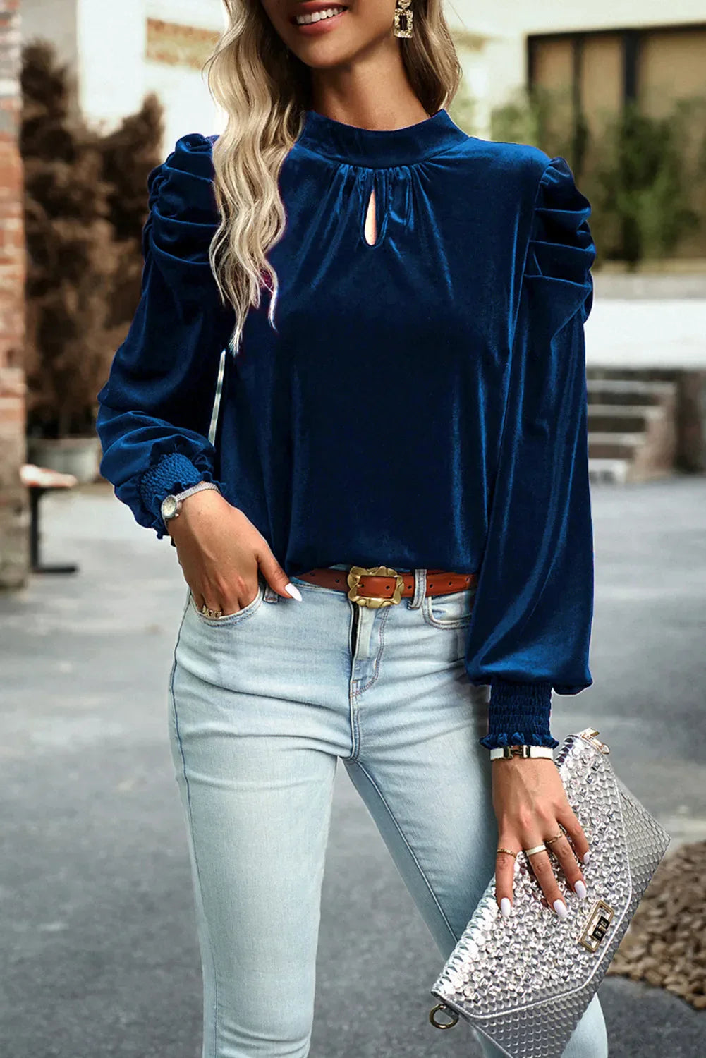 Tie Up Mock Neck Velvet Fabric Long Sleeve Blouse Navy / S