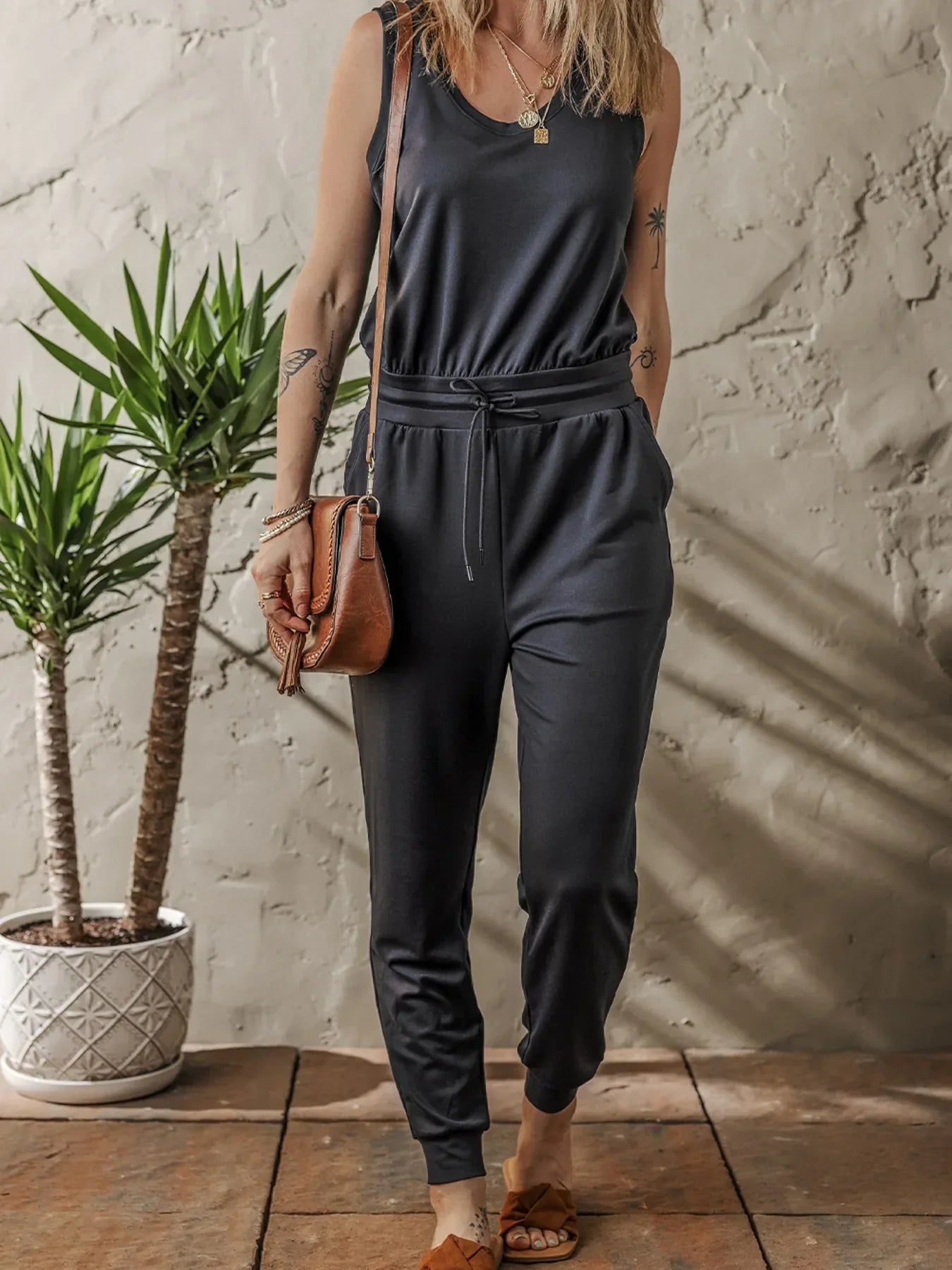 Tie Waist Sleeveless Jogger Jumpsuit Black / S