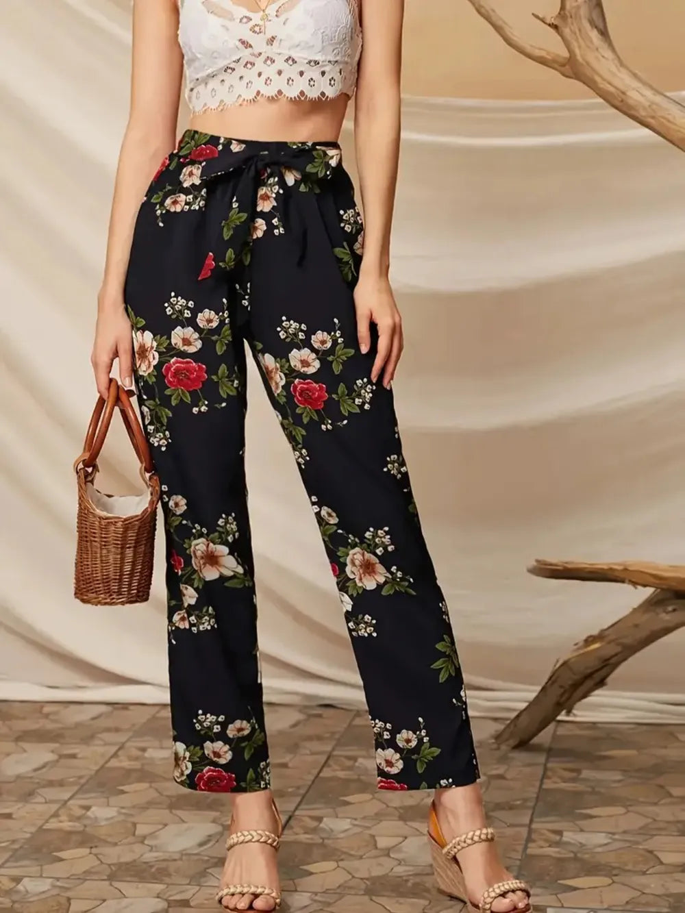 Tied Floral Straight Pants