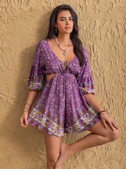 Tied Front Cutout Printed Romper Purple / XL