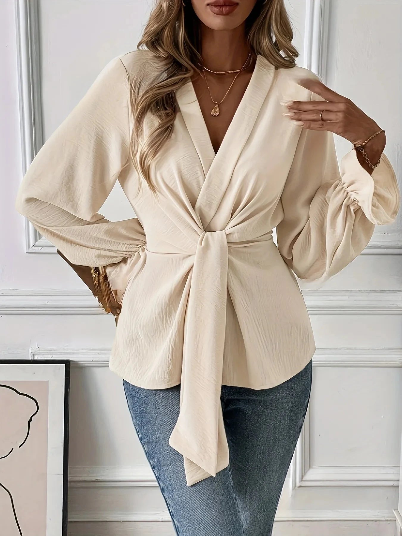 Tied Front Flounce Sleeve Blouse