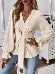 Tied Front Flounce Sleeve Blouse