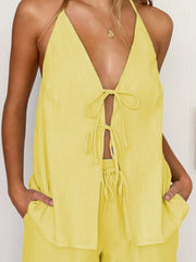 Tied Front Halter Neck Top and Shorts Set Yellow / S