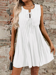 Tied Front Pleated Sleeveless Mini Dress White / S