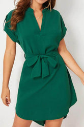 Tied Notched Short Sleeve Dress Green / S