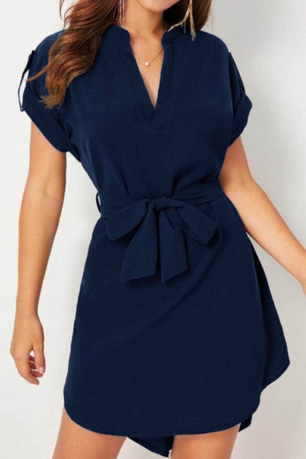 Tied Notched Short Sleeve Dress Navy / S