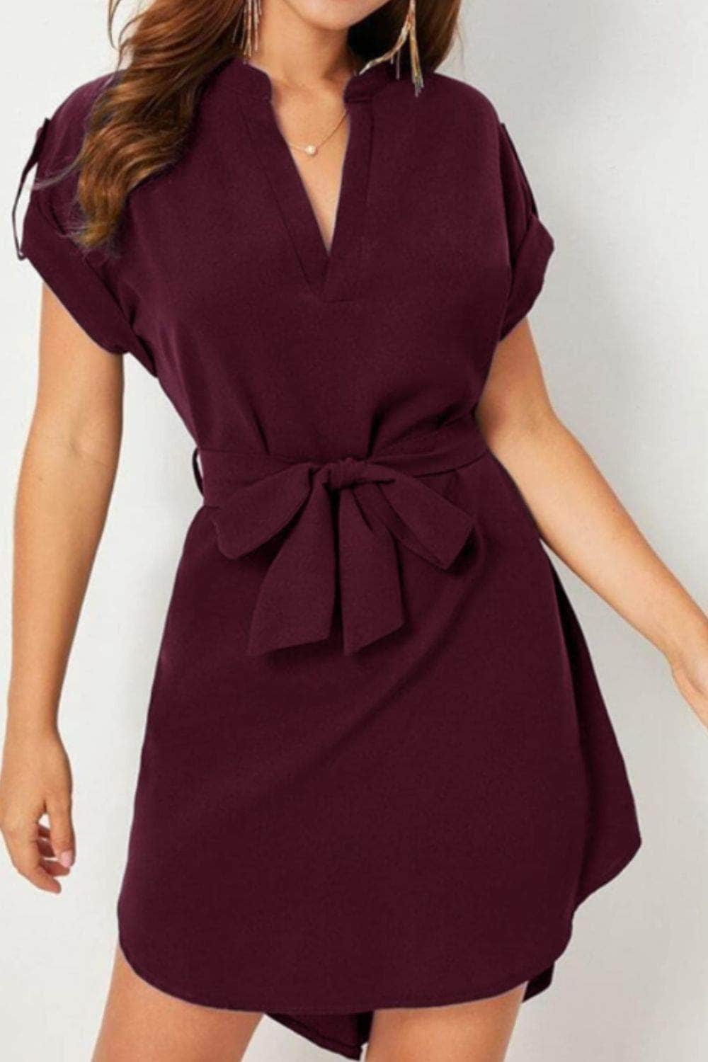 Tied Notched Short Sleeve Dress Wine / S