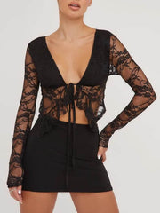 Tied Plunge Long Sleeve Lace Cropped Shirt Black / S