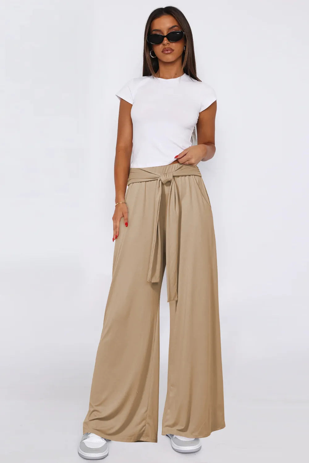 Tied Pocketed Wide Leg Pants Tan / S