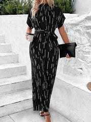Tied Printed Mock Neck Wide Leg Jumpsuit Black / S