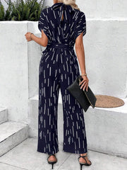 Tied Printed Mock Neck Wide Leg Jumpsuit Dark Blue / S