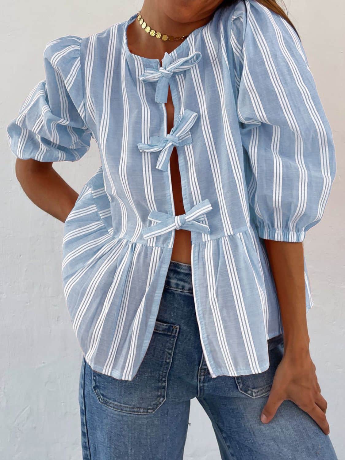Tied Round Neck Balloon Sleeve Shirt Light Blue / S