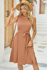 Tied Round Neck Sleeveless Dress Camel / S
