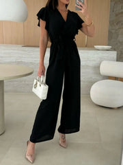Tied Ruffled Wide Leg Jumpsuit Black / M