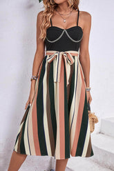 Tied Striped Spaghetti Strap Dress Black / S