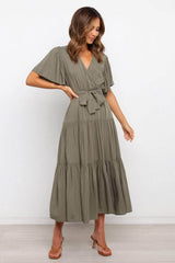 Tied Tiered Short Sleeve Midi Dress