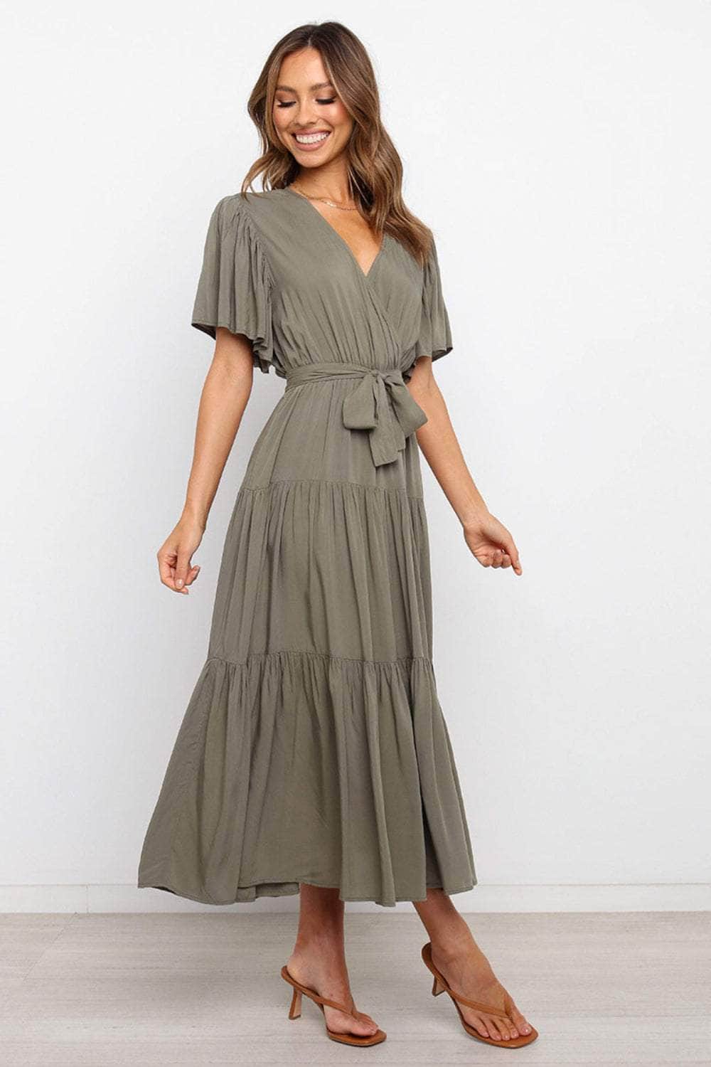 Tied Tiered Short Sleeve Midi Dress Army Green / S