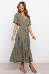 Tied Tiered Short Sleeve Midi Dress Army Green / S
