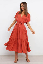 Tied Tiered Short Sleeve Midi Dress Orange-Red / S