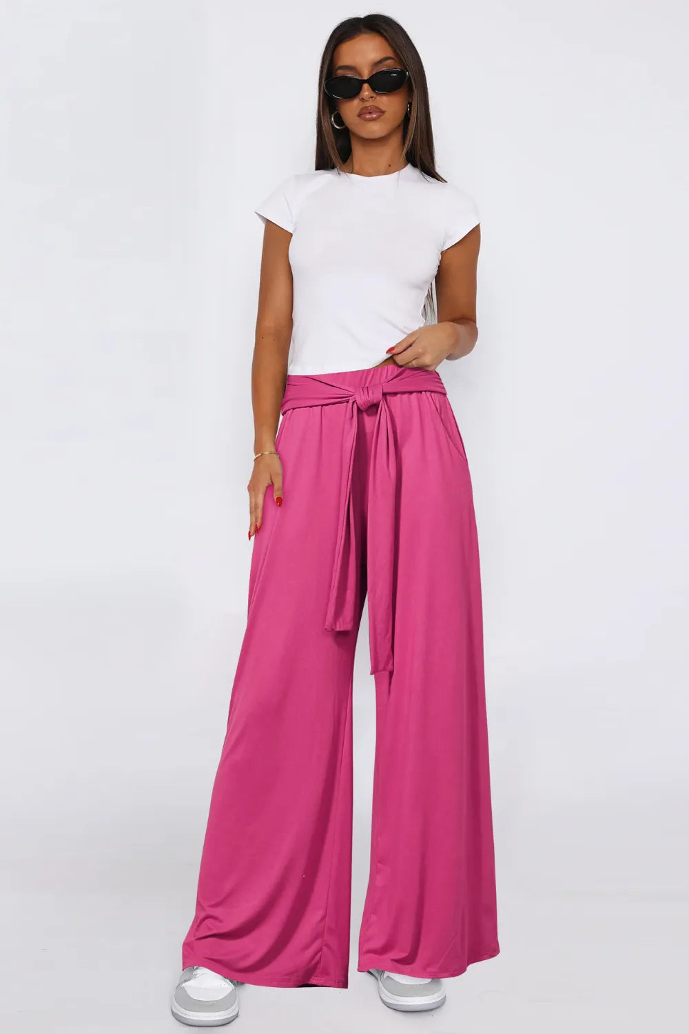 Tied Wide Leg Pants with Pockets Hot Pink / S