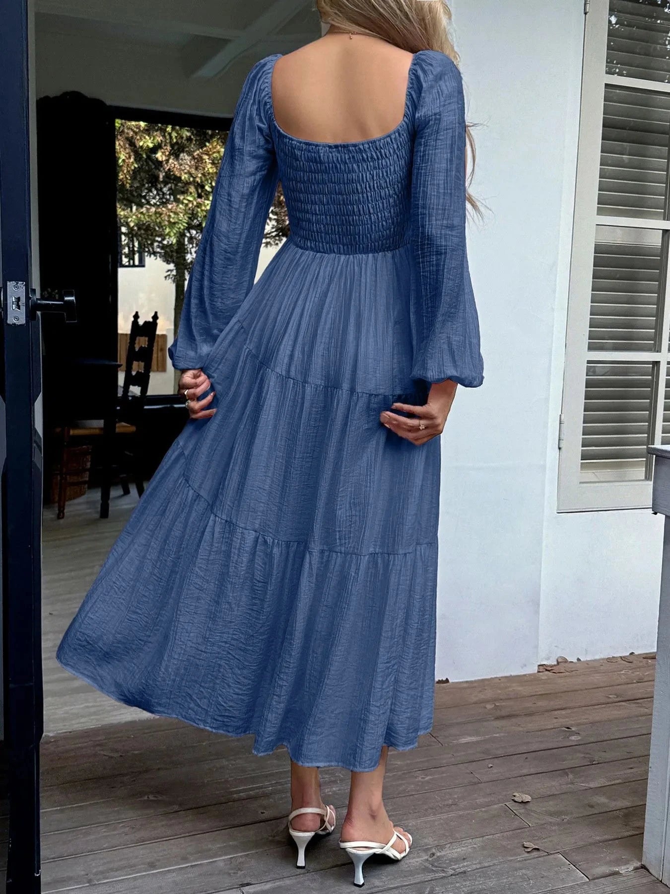 Tiered Balloon Sleeve Midi Dress
