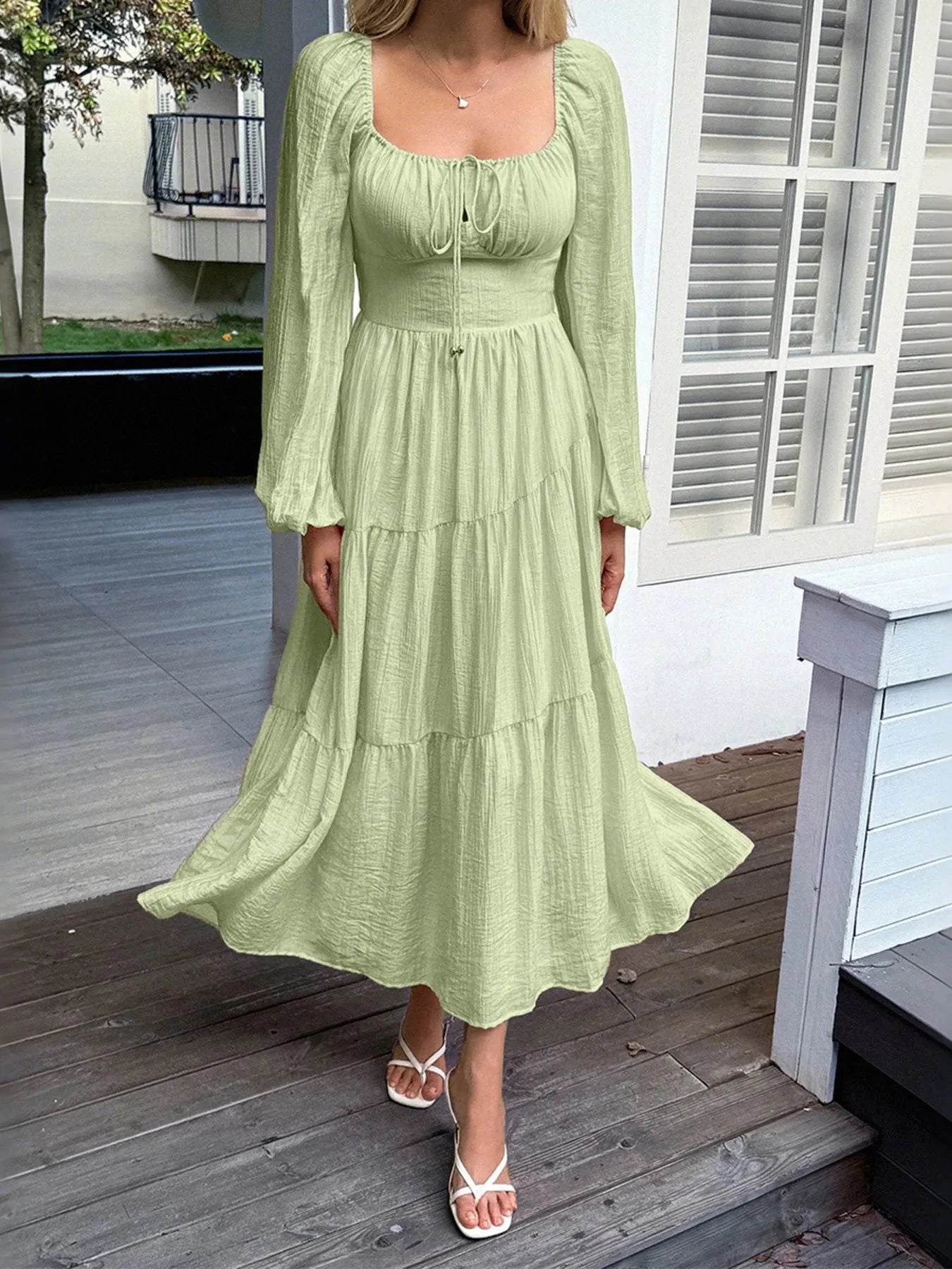 Tiered Balloon Sleeve Midi Dress Green / S