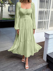 Tiered Balloon Sleeve Midi Dress Green / S