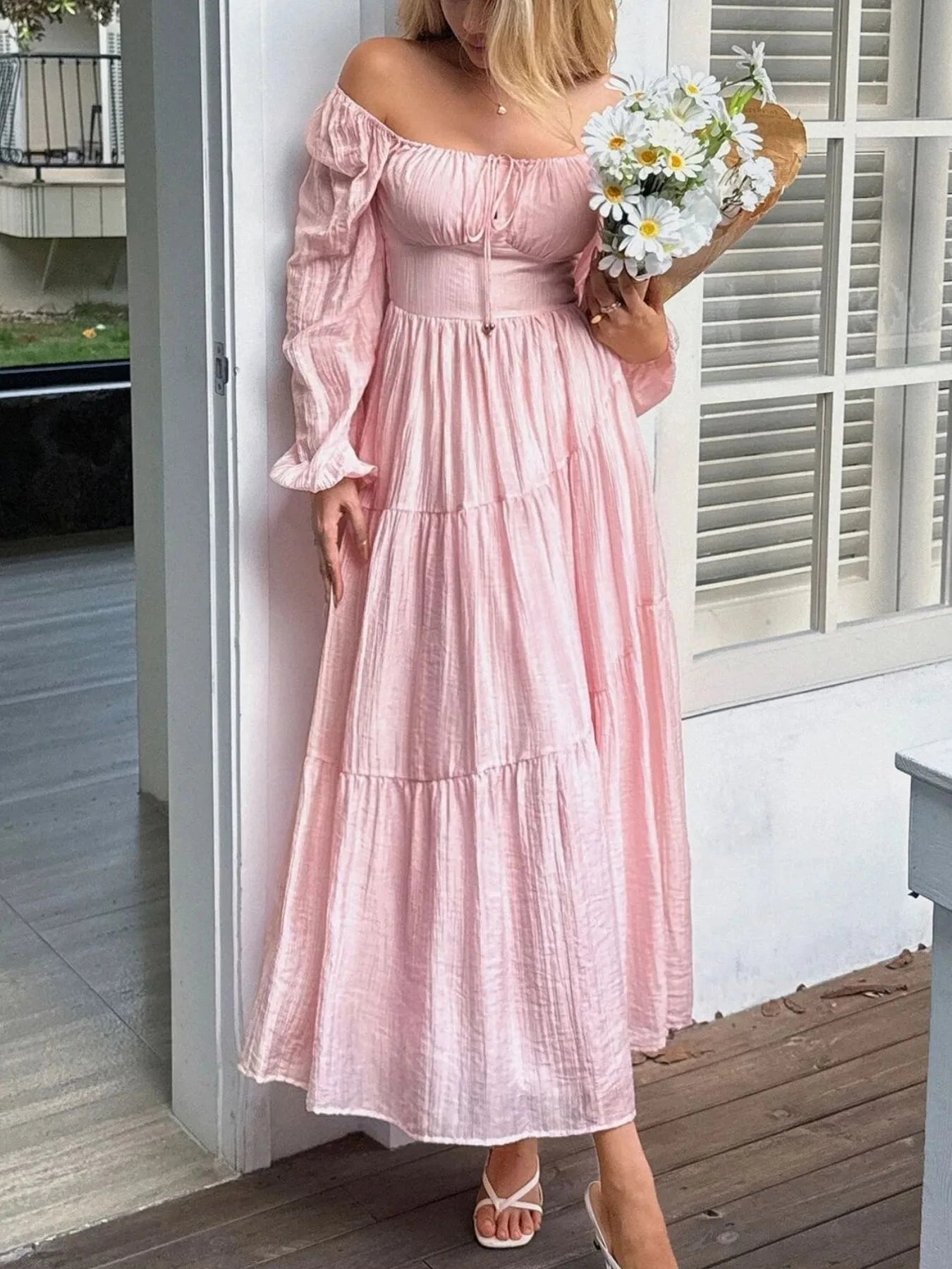 Tiered Balloon Sleeve Midi Dress Pink / S