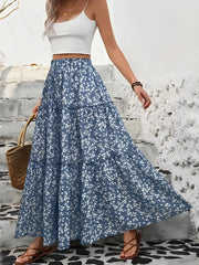 Tiered Floral Maxi Skirt Dusty Blue / S