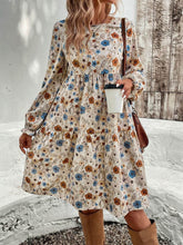 Tiered Floral Round Neck Long Sleeve Dress Tan / S
