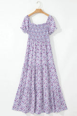 Tiered Floral Shirred High Waist Maxi Dress