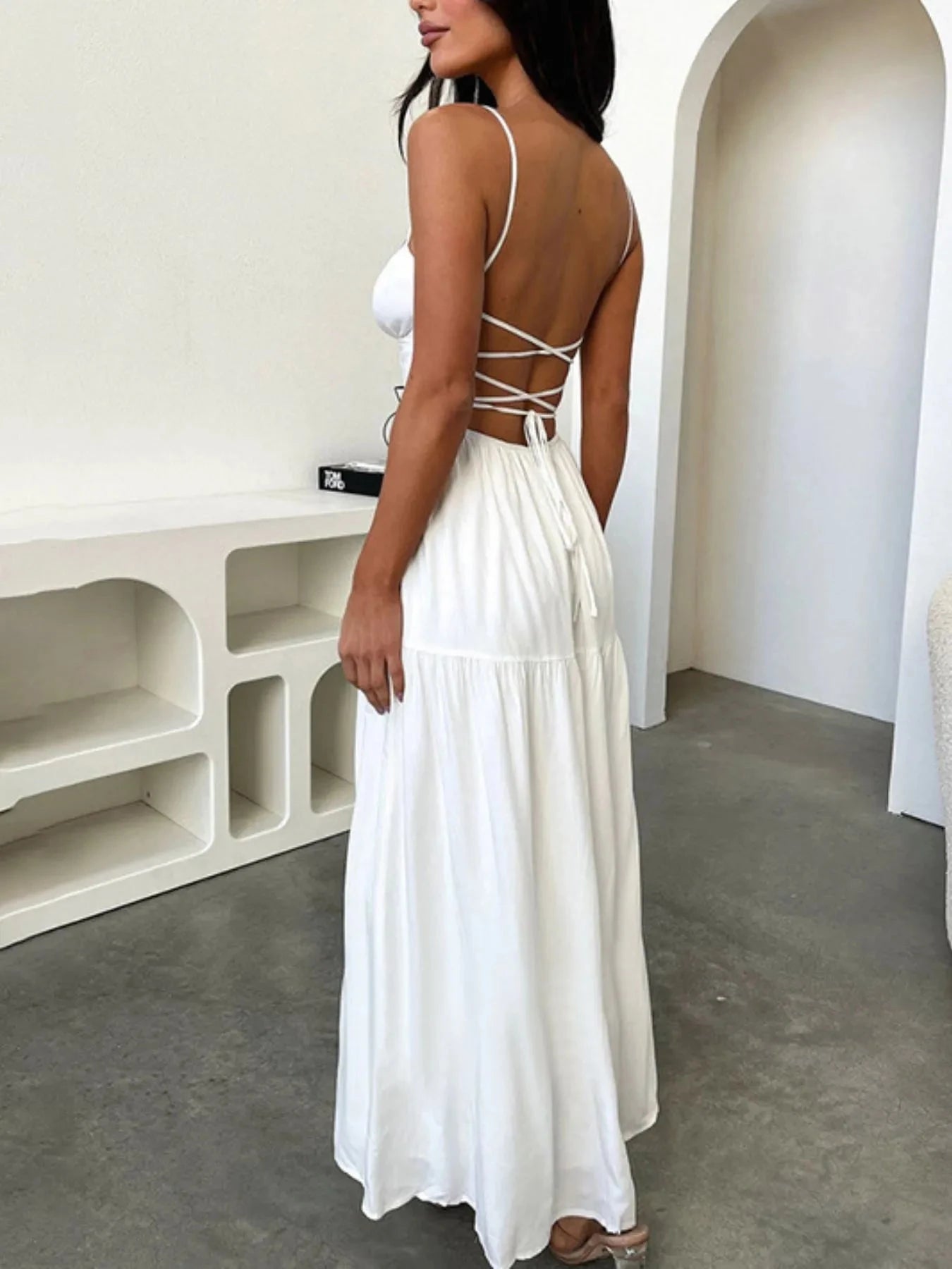Tiered Lace Up Spaghetti Straps Maxi Dress