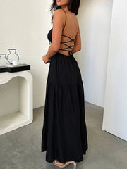 Tiered Lace Up Spaghetti Straps Maxi Dress