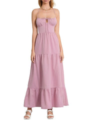 Tiered Lace Up Spaghetti Straps Maxi Dress Pink / S