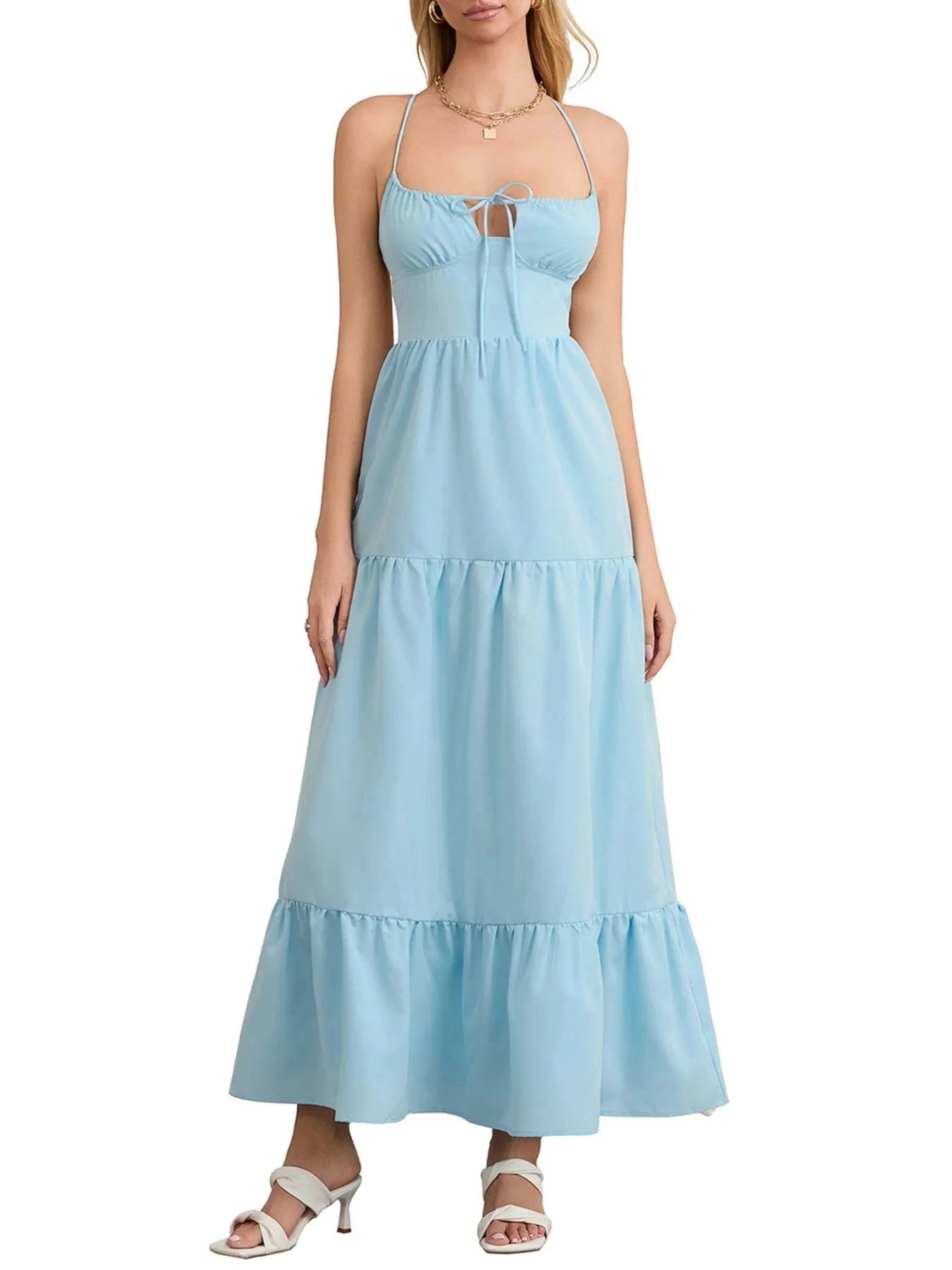 Tiered Lace Up Spaghetti Straps Maxi Dress Sky Blue / S