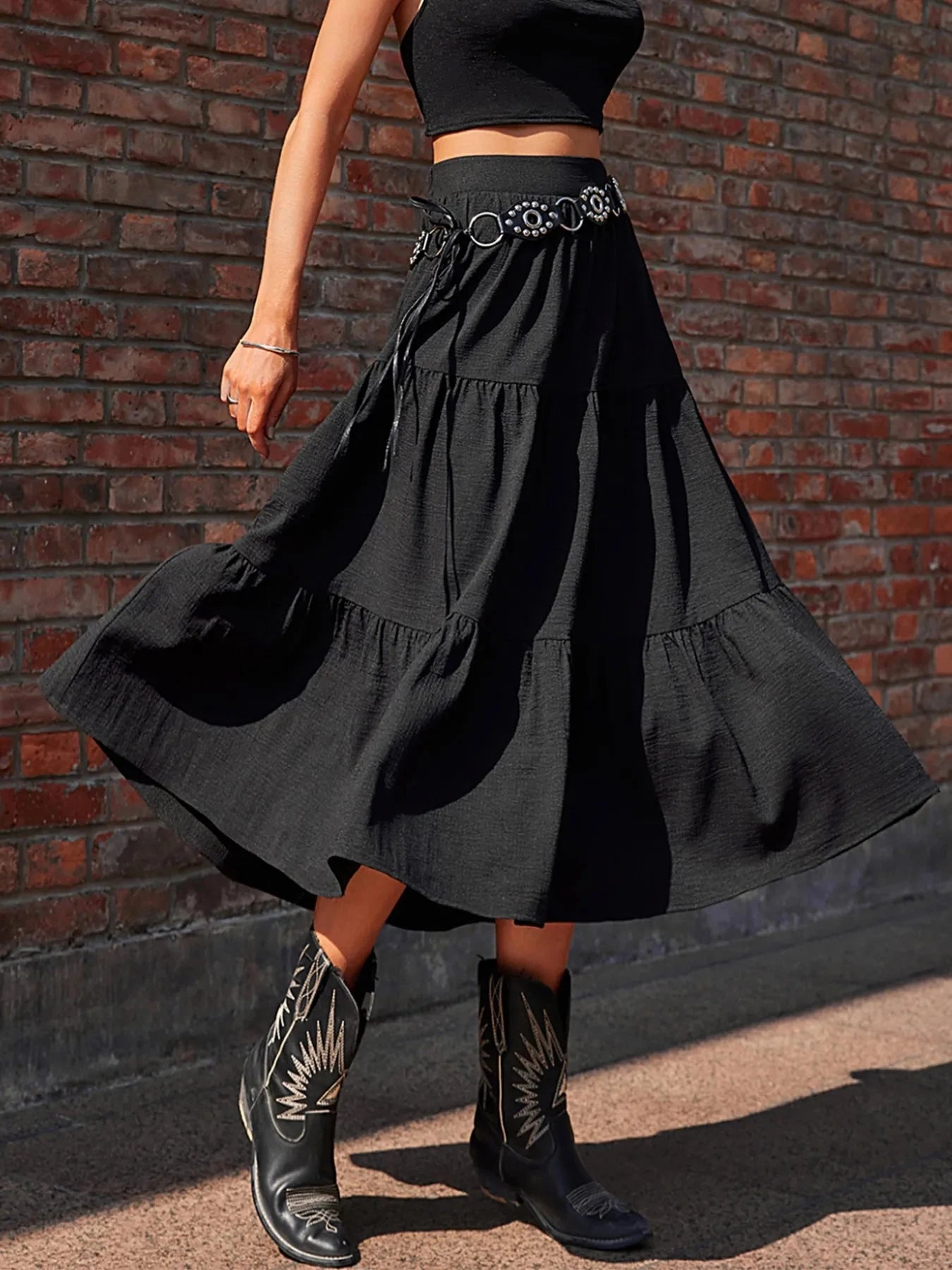 Tiered Midi Skirt Black / S