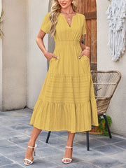 Tiered Notched Short Sleeve Dress Chartreuse / S