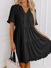 Tiered Notched Short Sleeve Mini Dress