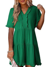 Tiered Notched Short Sleeve Mini Dress Dark Green / S