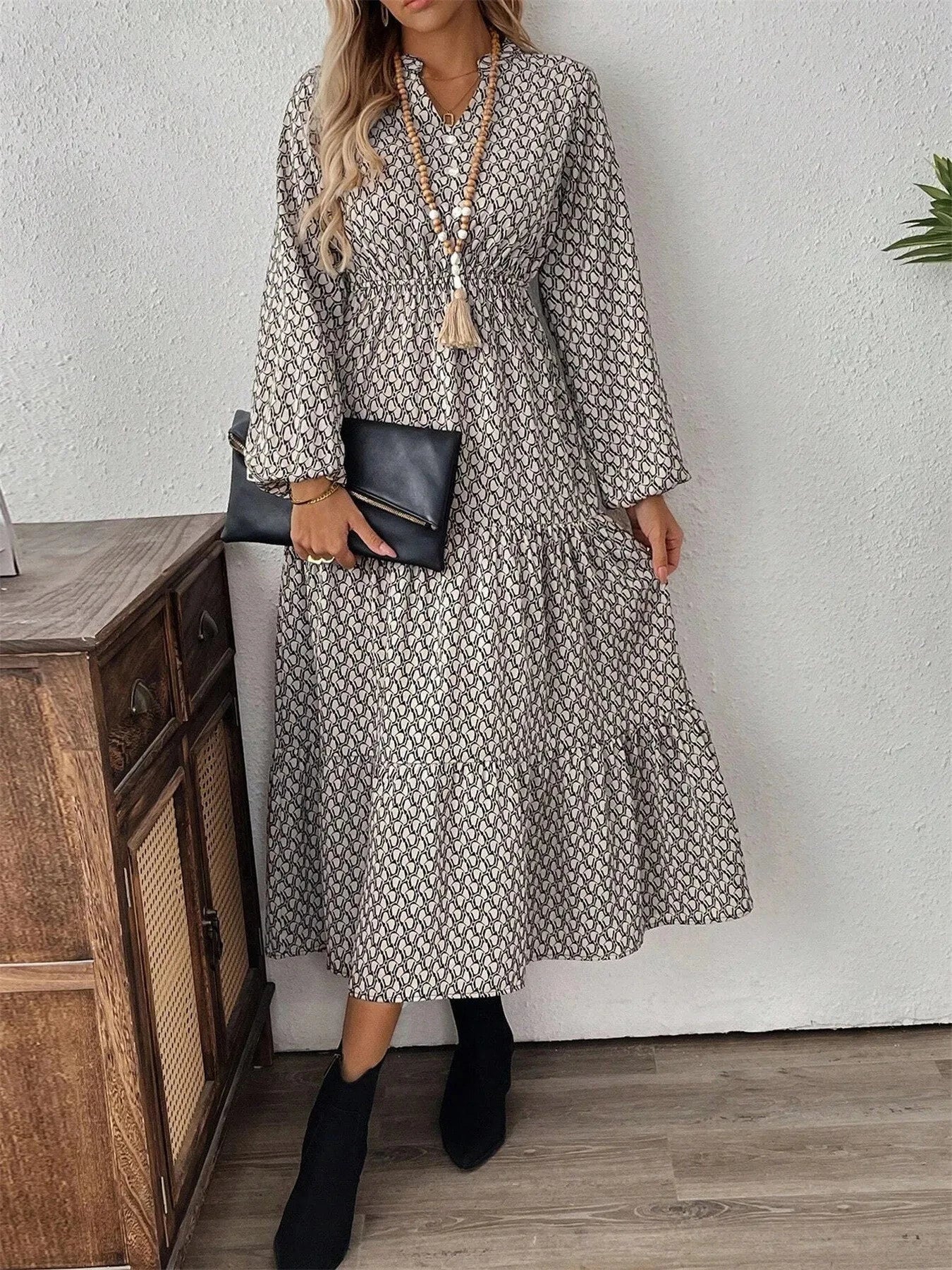Tiered Printed Notched Long Sleeve Dress